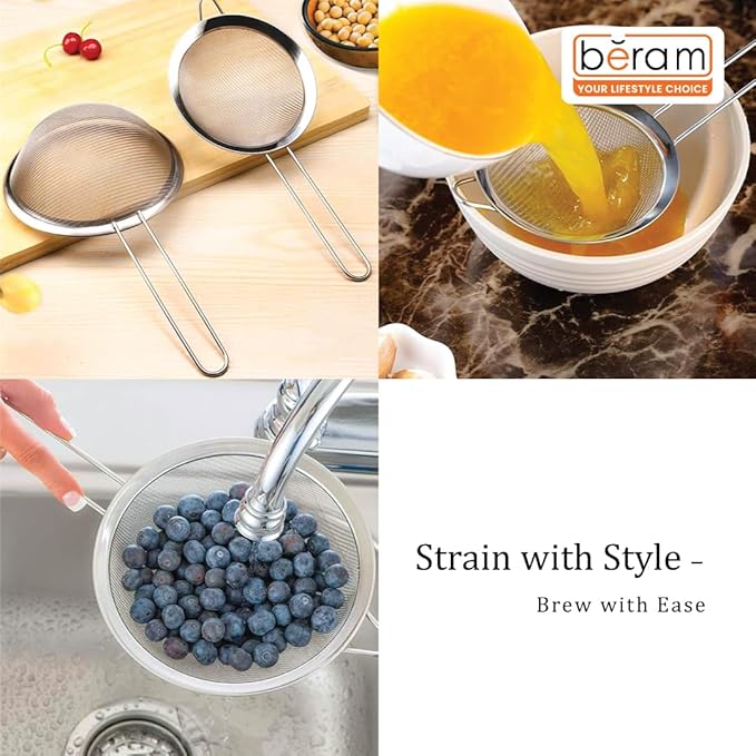 BERAM Strainer, Spiral Design with Handle, 304 Stainless Steel, Sieve for Sifting, Cooking Utensil, Daily Use Kitchen Tool, Juice Strainer, Pulp Separator (16 CM)