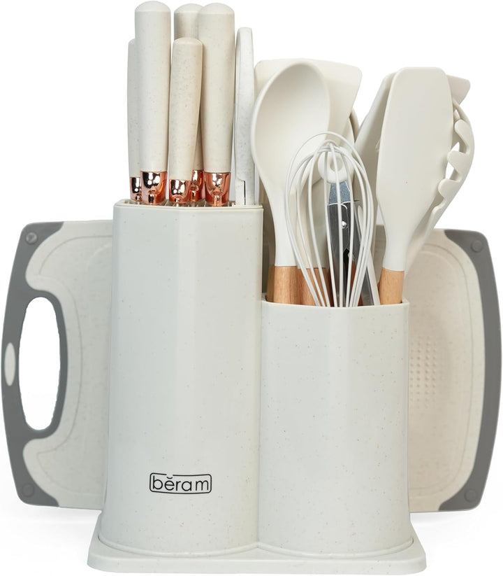 BERAM 19 Pieces Knife Set for Kitchen Cooking Utensils Set Tongs Spoon Spatula & Turner Made of Heat Resistant Silicone with Wooden Handles Non-Stick Kitchen Knife Sets