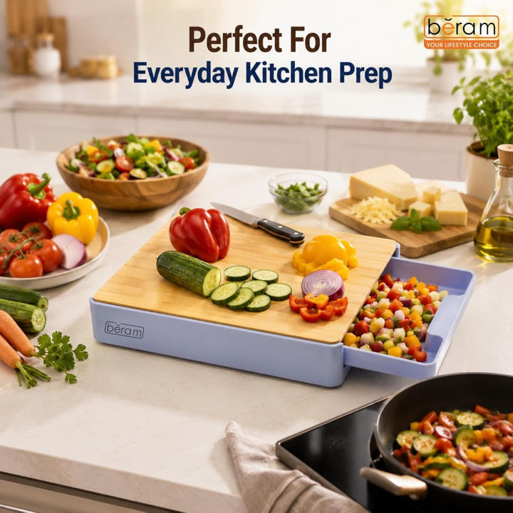 BERAM Prep & Chop Pro Kit – Bamboo Chopping Board with Wall Mounted Food Storage Design & 5 Inch Santoku Knife, 3CR13 Stainless Steel Sharp Kitchen Knife for Chopping, Slicing, Mincing, Meat, Fruits & Vegetables