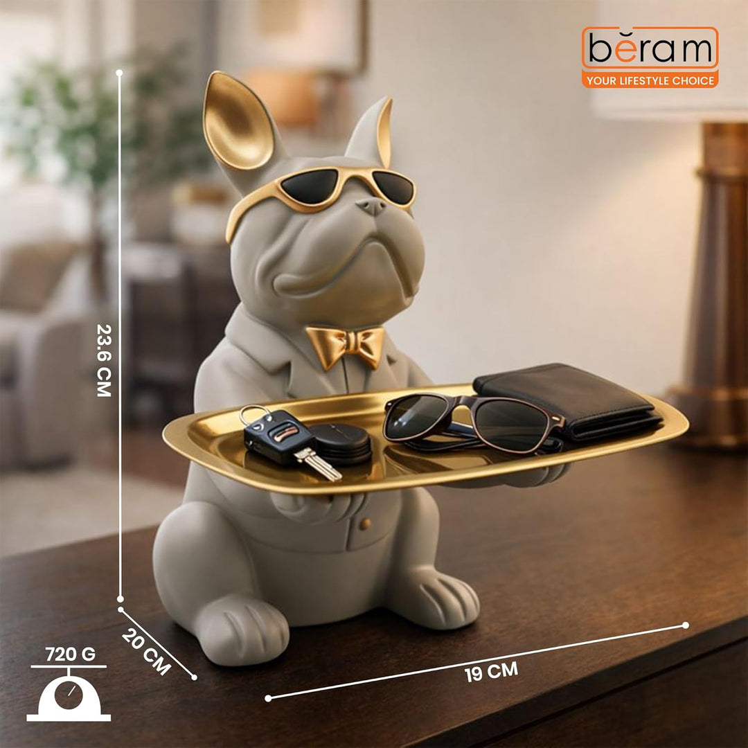 BERAM Bulldog Butler Statue with Tray Modern Resin Bulldog Figurine with Sunglasses Decorative Storage Holder for Keys Coins Jewelry Home Décor Stylish Desk and Entryway Organizer