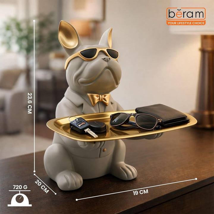 BERAM Bulldog Butler Statue with Tray Modern Resin Bulldog Figurine with Sunglasses Decorative Storage Holder for Keys Coins Jewelry Home Décor Stylish Desk and Entryway Organizer