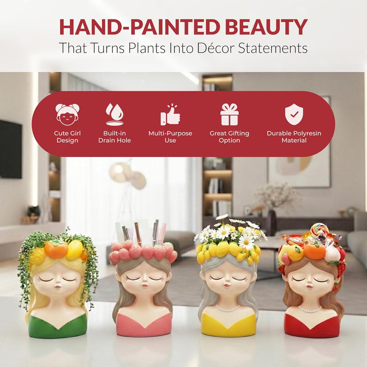 Fancy Girl with Fruit Crown Flower Pot 4 Pcs Set Red Green Pink Yellow Polyresin Decorative Planters for Succulents Indoor Outdoor Home Office Desk Décor Pen Pencil Holder Propagator Kit
