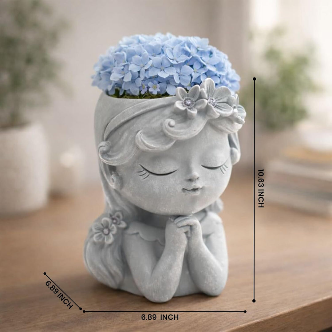 Bonsai Craft Vase 4-Set Pray Dream Flower Blessing Dolls Grey Polyresin Decorative Succulent Planters Elegant Home Office Desk Decor Flower Pots Pen Pencil Holders Propagator Kit Gift
