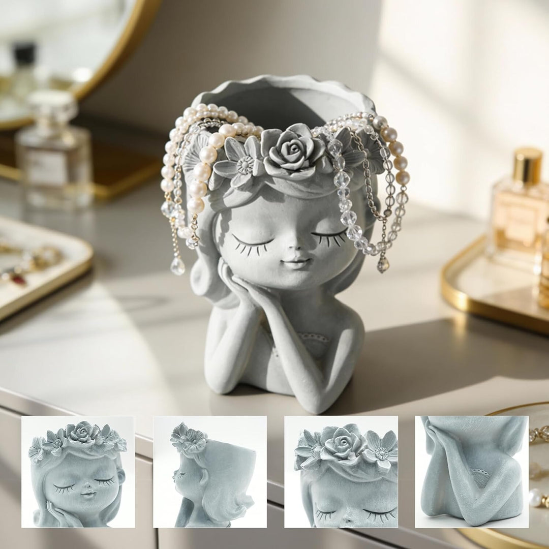 Bonsai Craft Vase 4-Set Pray Dream Flower Blessing Dolls Grey Polyresin Decorative Succulent Planters Elegant Home Office Desk Decor Flower Pots Pen Pencil Holders Propagator Kit Gift