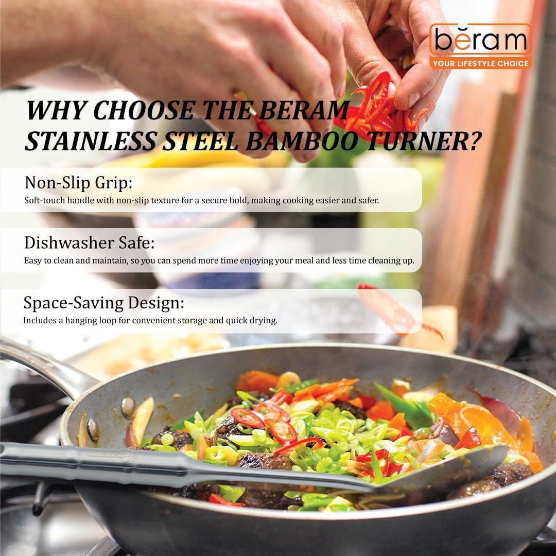 BERAM Cooking Utensils Set 304 Stainless Steel 6 Pieces Soup Spoon Spatula Slotted Turner Rice Scoop Pasta Server Skimmer Food Grade Kitchen Tools with Bamboo Shaped Handles