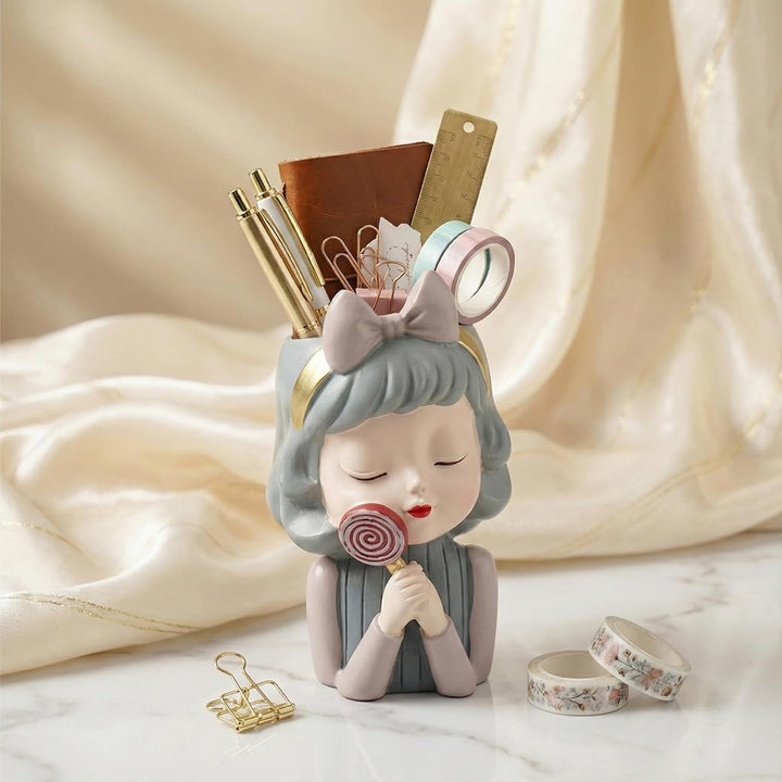 Charming Figurine Set Green Pink Grey Polyresin Decorative Flower Vase Cute Girl Succulent Pot Modern Indoor Home Office Table Decor Propagator Kit Gift Set