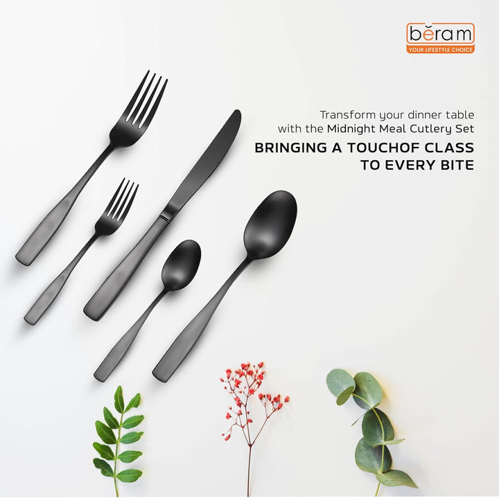 BERAM Midnight Meal Black Cutlery Set – Matte Finish Stainless Steel Flatware for Home, Restaurants & Hotels – Modern Kitchen Utensils