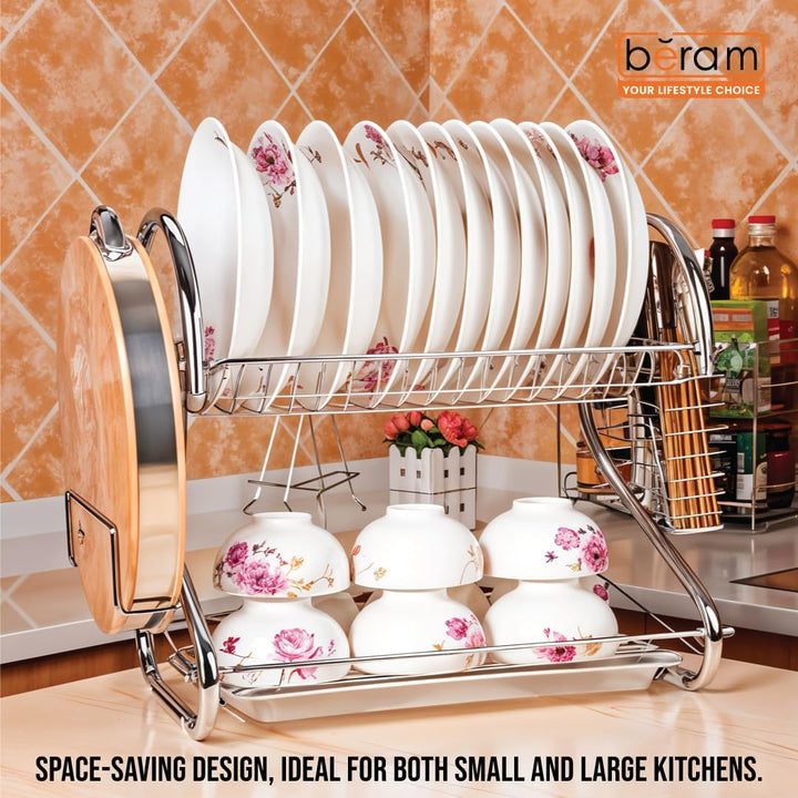 BERAM Stainless Steel Dish Rack, Kitchen Organizer, Double-Layer Utensils Stand, Large Capacity, Anti-Slip Mat, Dish Drain Racks, Detachable Dry Basket, Silver