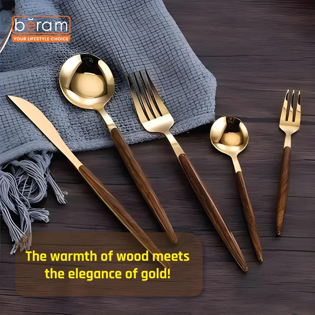 BERAM Golden Timber 5-Piece Cutlery Set – Gold Stainless Steel Flatware with Brown Wooden Handles – Elegant Dinnerware for Daily Use