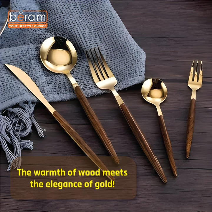 BERAM Golden Timber 5-Piece Cutlery Set – Gold Stainless Steel Flatware with Brown Wooden Handles – Elegant Dinnerware for Daily Use
