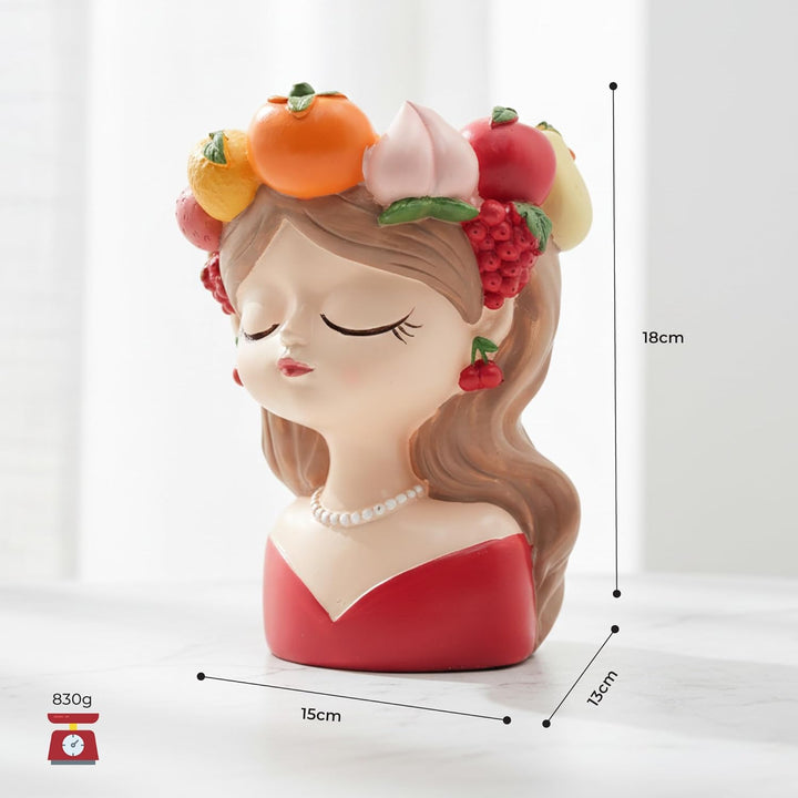 Fancy Girl with Fruit Crown Flower Pot 4 Pcs Set Red Green Pink Yellow Polyresin Decorative Planters for Succulents Indoor Outdoor Home Office Desk Décor Pen Pencil Holder Propagator Kit