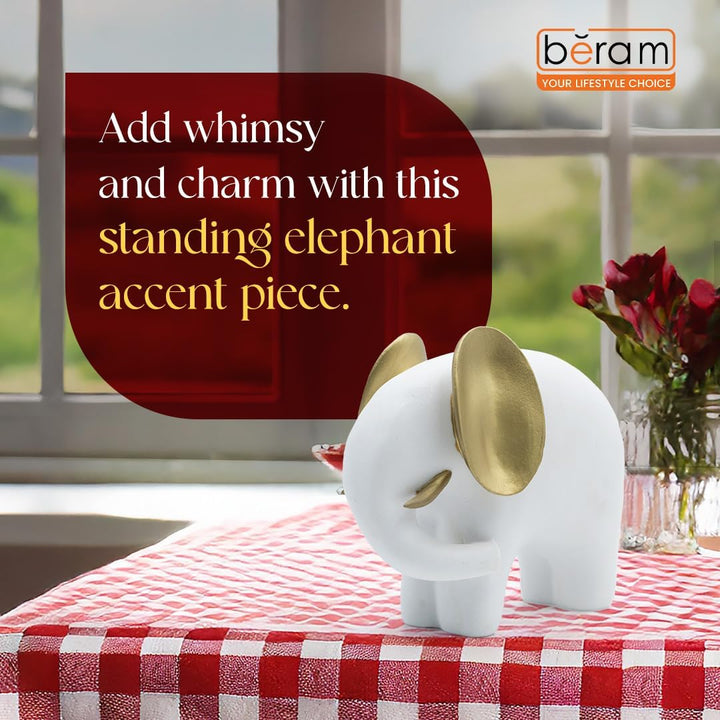 BERAM White & Gold Elephant Statue – Ceramic Art Sculpture for Modern Home Decor, Abstract Figurine Ornament for Office, Living Room, Shelf Display, Premium Gift for Elephant Lovers