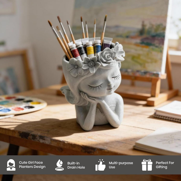 Bonsai Craft Vase 4-Set Pray Dream Flower Blessing Dolls Grey Polyresin Decorative Succulent Planters Elegant Home Office Desk Decor Flower Pots Pen Pencil Holders Propagator Kit Gift