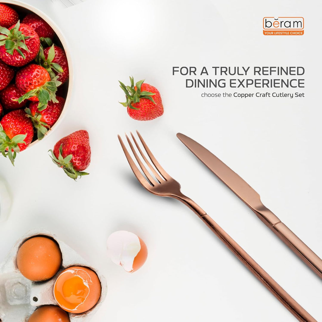 BERAM Copper Craft Cutlery Set 18/10 Stainless Steel Flatware Elegant Copper Finish Tableware for Home, Restaurants & Hotels Premium Dining Utensils for One Setting