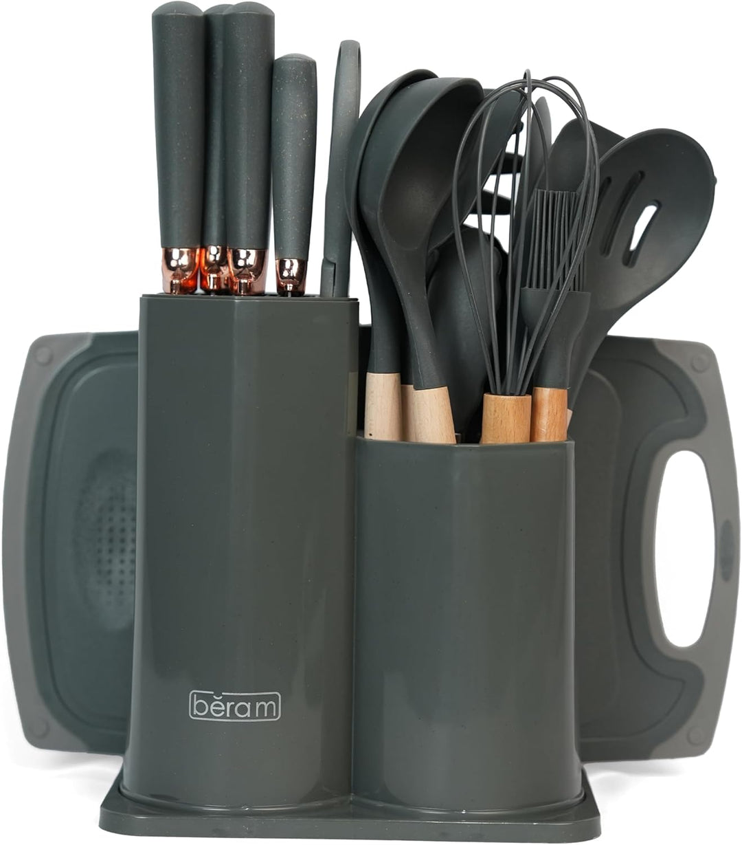 BERAM 19 Pieces Knife Set for Kitchen Cooking Utensils Set Tongs Spoon Spatula & Turner Made of Heat Resistant Silicone with Wooden Handles Non-Stick Kitchen Knife Sets