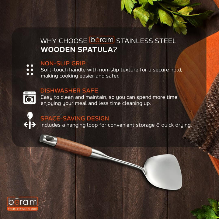 Beram Stainless Steel Wooden Spatula, 38.5cm x 8cm, Non-Stick, Food Grade, Compact