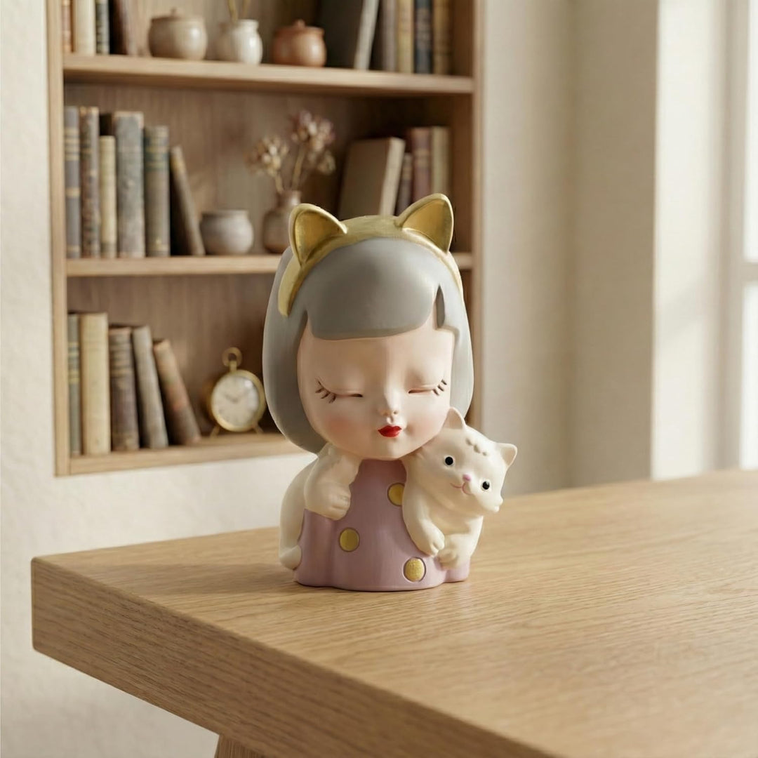 Charming Figurine Set Green Pink Grey Polyresin Decorative Flower Vase Cute Girl Succulent Pot Modern Indoor Home Office Table Decor Propagator Kit Gift Set