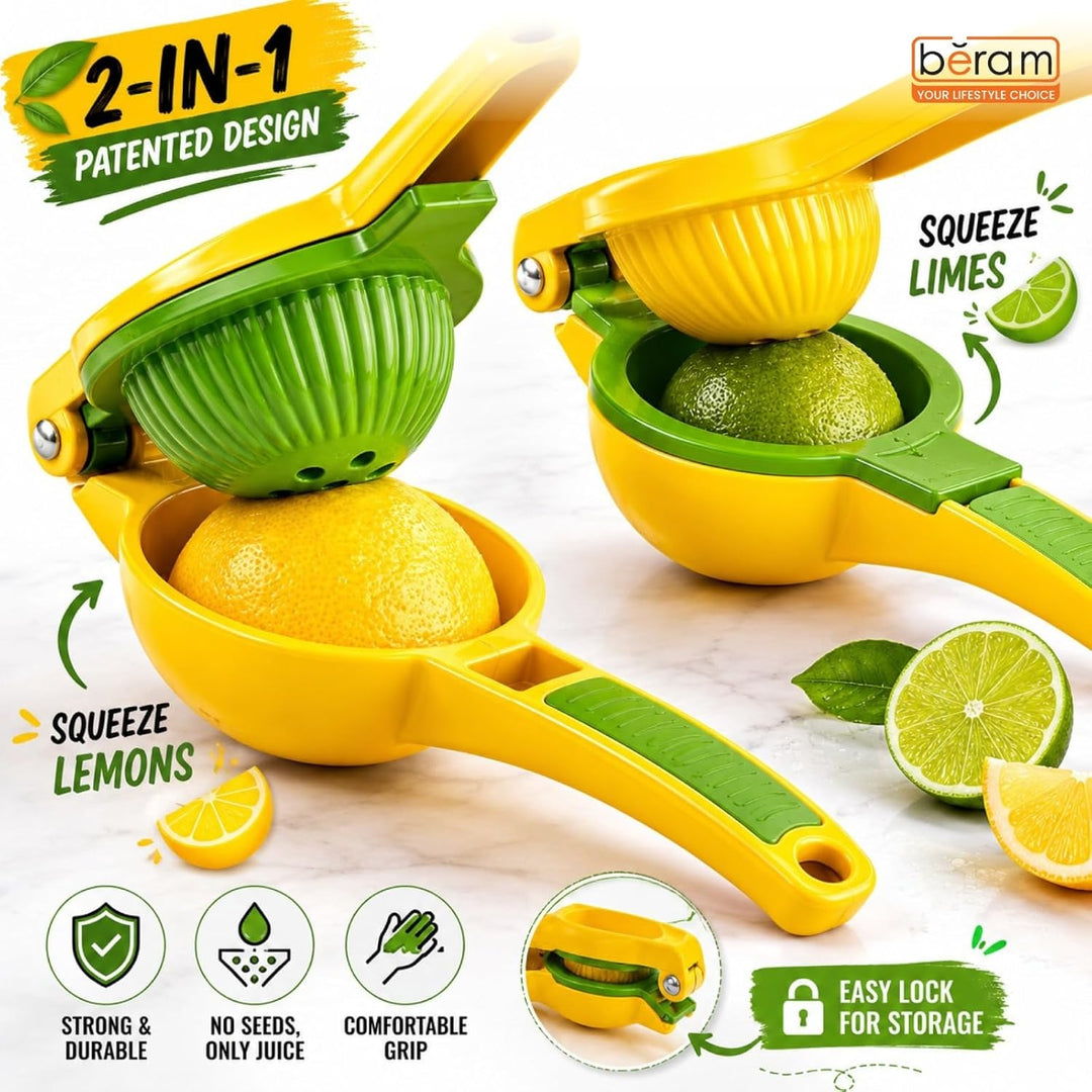 BERAM Lemon Lime Squeezer, 2 in 1, Heavy Duty Metal, Manual Hand Juicer Press for Citrus Fruit, No Pulp or Seeds, Dishwasher Safe, Premium Quality Juicing Kitchen Tool