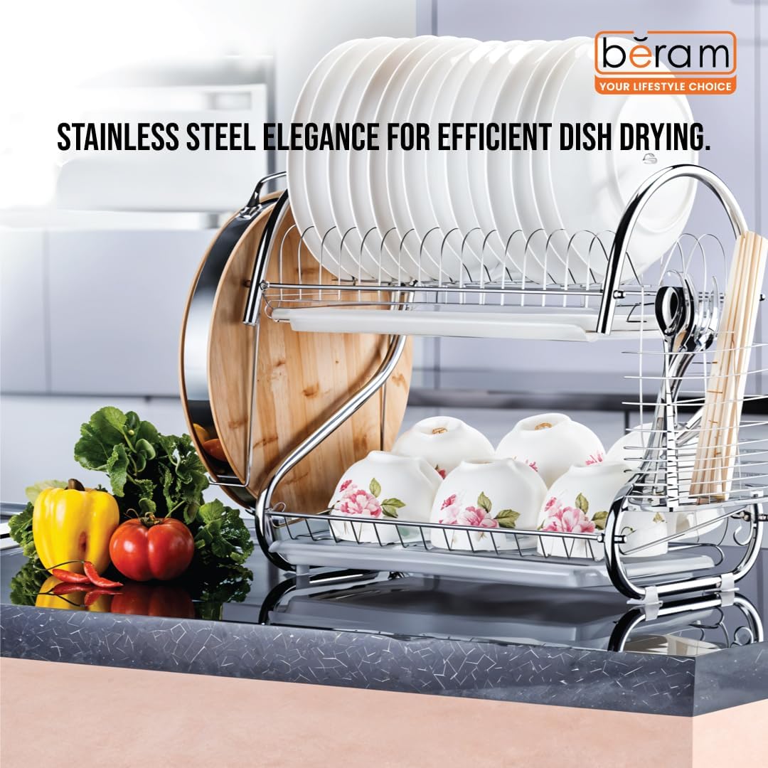 BERAM Stainless Steel Dish Rack, Kitchen Organizer, Double-Layer Utensils Stand, Large Capacity, Anti-Slip Mat, Dish Drain Racks, Detachable Dry Basket, Silver