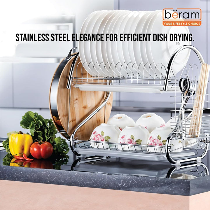 BERAM Stainless Steel Dish Rack, Kitchen Organizer, Double-Layer Utensils Stand, Large Capacity, Anti-Slip Mat, Dish Drain Racks, Detachable Dry Basket, Silver