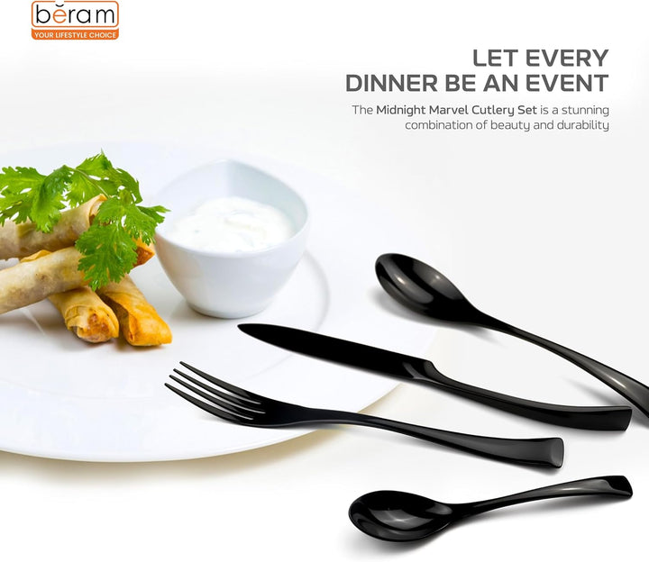 BERAM Midnight Marvel Cutlery Set Premium Stainless Steel Flatware Set with Black Marble Polish Finish Elegant Kitchen Utensils & Tableware Set for Home Restaurants Hotels & Everyday Use