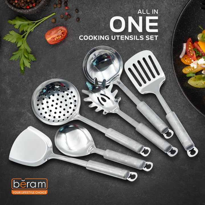 BERAM Stainless Steel Cooking Utensils Set 6 Pieces Four Leaf Design Handles Spatula Turner Rice Scoop Pasta Server Skimmer Soup Ladle Kitchen Tools for Daily Use