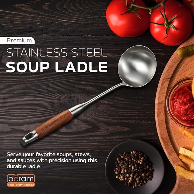 BERAM Soup Ladle Stainless Steel Soup Spoon Kitchen Tool with Wooden Handles Cooking Utensil Serving Spoon Food Grade Non-Deformable Compact Silver