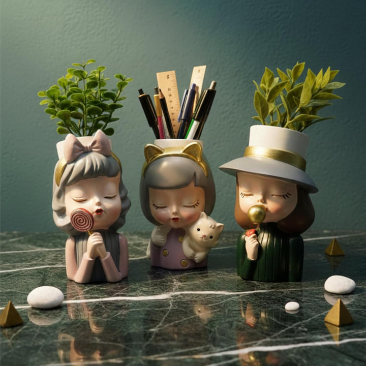 Charming Figurine Set Green Pink Grey Polyresin Decorative Flower Vase Cute Girl Succulent Pot Modern Indoor Home Office Table Decor Propagator Kit Gift Set