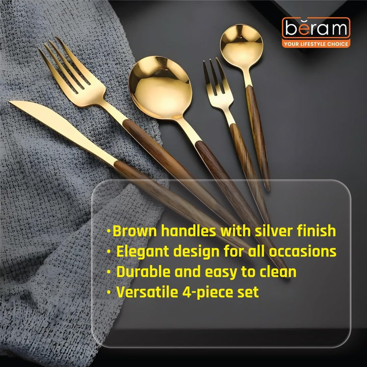 BERAM Golden Timber 5-Piece Cutlery Set – Gold Stainless Steel Flatware with Brown Wooden Handles – Elegant Dinnerware for Daily Use