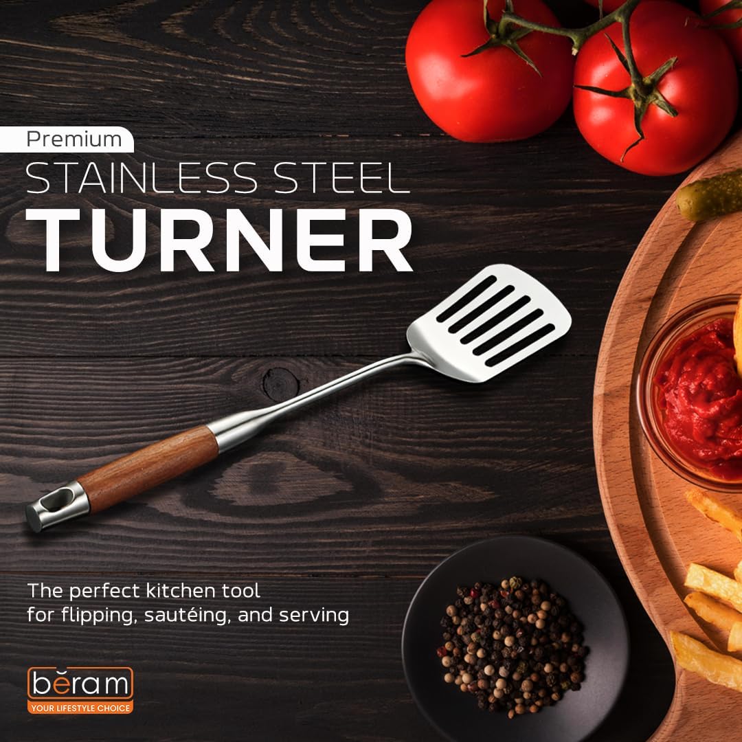 Beram Stainless Steel Wooden Spatula Durable 304 Food-Grade Spatula with Ergonomic Wooden Handle, Heat-Resistant and Rust-Proof, Ideal for Cooking, Stir-Frying, Mixing, and Serving.