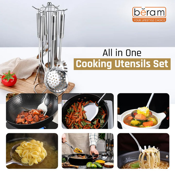 BERAM Stainless Steel Cooking Utensils Set – 6-Piece Kitchen Tool Set with Pasta Server Turner Spatula Skimmer Rice Scoop & Soup Ladle – Durable Matte Silver Cookware Utensils