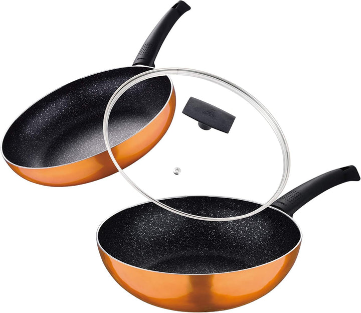 Bergner Ultra 3Pcs Cookware Set, Frypan 28Cm + Wok With Lid 26Cm Cooking Set, Pressed Aluminium Cookware, Induction Bottom Cooking Pots, Suitable for All Stoves, Orange Colour