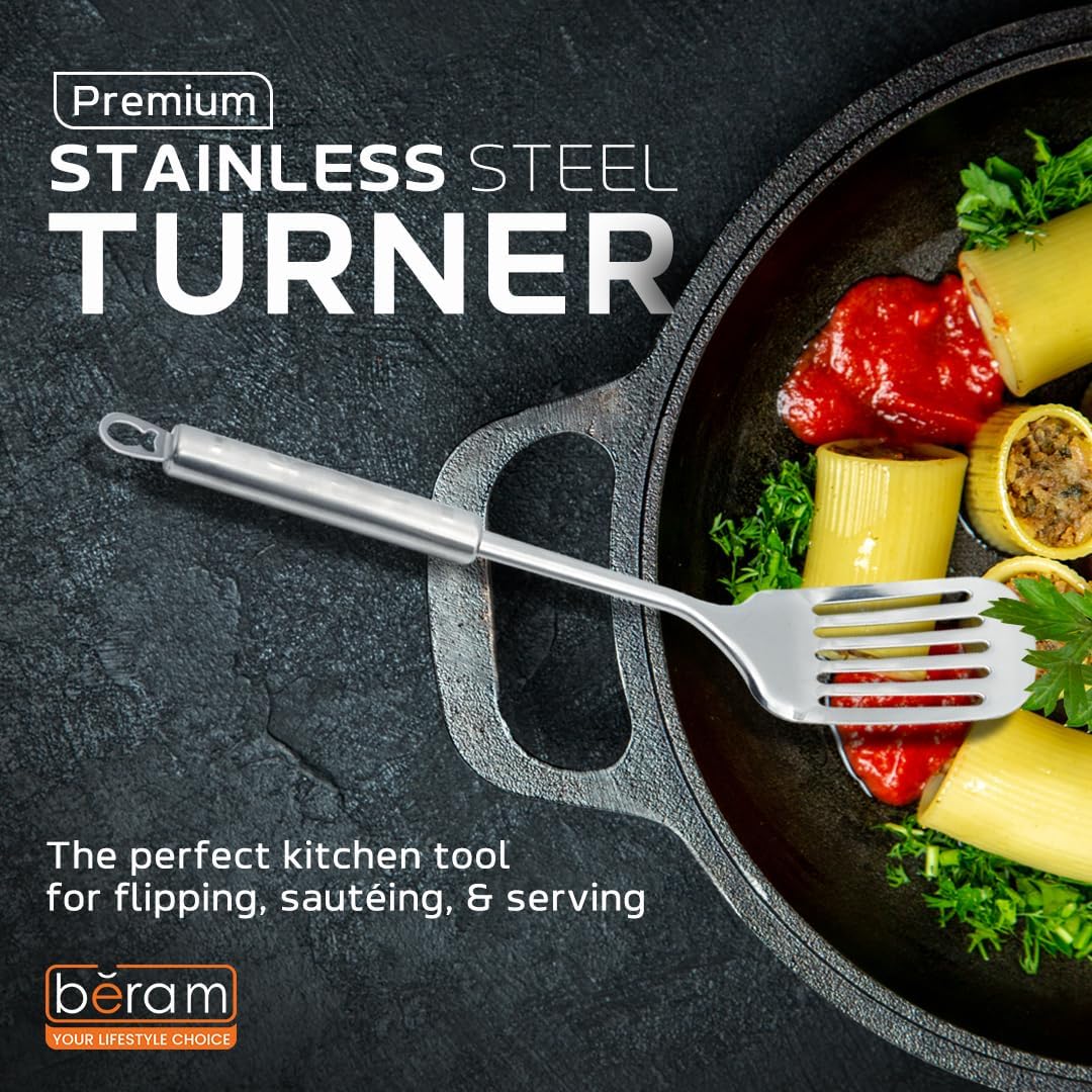 BERAM Cooking Turner, Cooking Utensils, 304 Stainless Steel Slotted Spatula, Kitchen Tools, 100% Food Grade, Silver with Four Leaf Handle Design