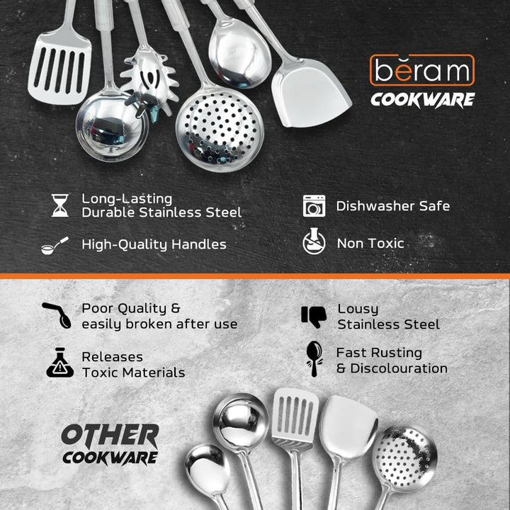 BERAM Stainless Steel Cooking Utensils Set 6 Pieces Four Leaf Design Handles Spatula Turner Rice Scoop Pasta Server Skimmer Soup Ladle Kitchen Tools for Daily Use