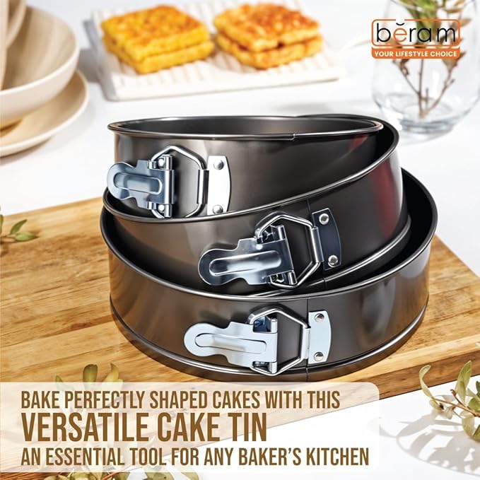 Beram Non Stick Cake Tin Black Round Carbon Steel Baking Pan with Quick Release Latch Removable Leakproof Bottom Heavy Duty Springform Cake Mould for Cheesecake Pastries and Layered Cakes