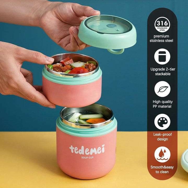 Stainless Steel Breakfast Cup 710ml Pink Insulated Food Jar with Lid SS316 Food Grade Steel Leakproof Soup Oatmeal & Lunch Container for Office School & Travel