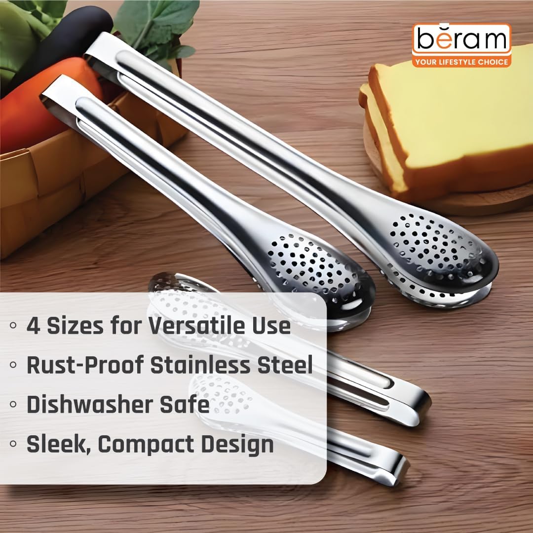 BERAM 304 Stainless Steel Tongs Set of 4 Sizes 6,7,9,12 inch Multipurpose Kitchen Tongs for Salad Toast BBQ Frying Buffet Steak and Food Serving Durable Non Slip Grip Metal Forceps Silver