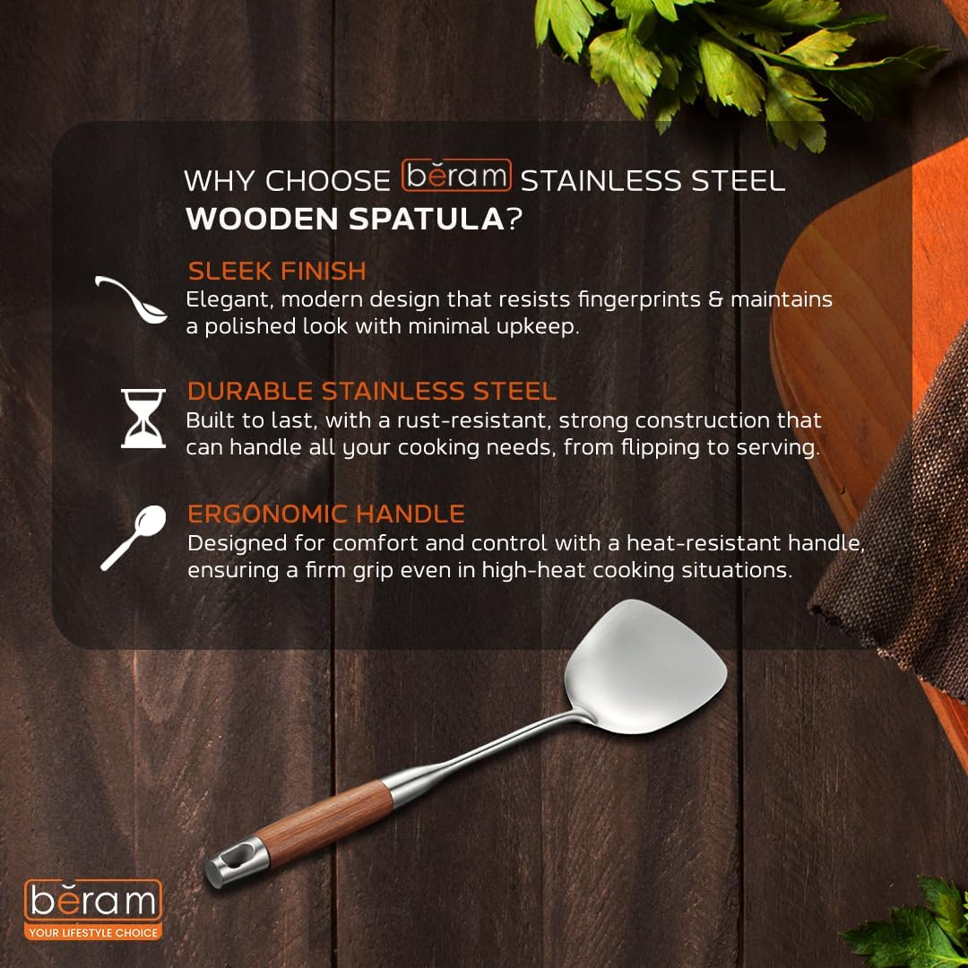Beram Stainless Steel Wooden Spatula, 38.5cm x 8cm, Non-Stick, Food Grade, Compact