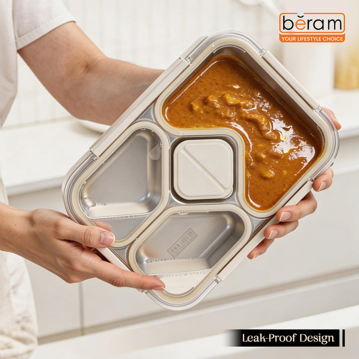 Beram 4-Compartment Premium Stainless Steel Lunch Box 1020ml Insulated Bento Box for Kids & Adults Leakproof BPA-Free Dishwasher Safe with Tableware SUS 304+PP+Silicon
