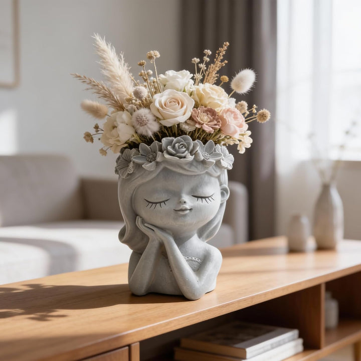 Bonsai Craft Vase 4-Set Pray Dream Flower Blessing Dolls Grey Polyresin Decorative Succulent Planters Elegant Home Office Desk Decor Flower Pots Pen Pencil Holders Propagator Kit Gift