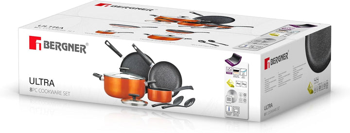 BERGNER ULTRA 8PCS COOKWARE SET, PRESSED ALUMINUM COOKING SET, INDUCTION BOTTOM COOKWARE, MARBLE+ NON-STICK COATING COOKING POTS, SUITABLE FOR ALL STOVES, METALIC ORANGE COLOR