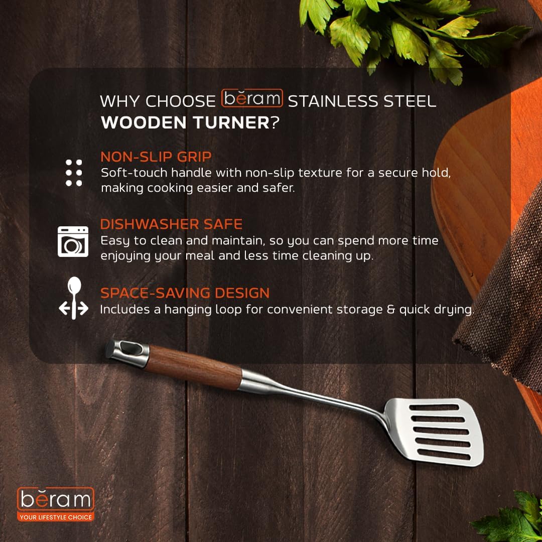 Beram Stainless Steel Wooden Spatula Durable 304 Food-Grade Spatula with Ergonomic Wooden Handle, Heat-Resistant and Rust-Proof, Ideal for Cooking, Stir-Frying, Mixing, and Serving.