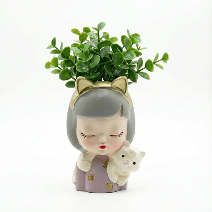 Charming Figurine Set Green Pink Grey Polyresin Decorative Flower Vase Cute Girl Succulent Pot Modern Indoor Home Office Table Decor Propagator Kit Gift Set