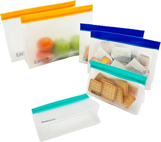 BERAM Reusable Storage Bags Standing Ziploc Containers Dishwasher Safe Leak Proof BPA Free PEVA Material Freezer Safe Lunch and Sandwich Bags Food Safe Picnic and Travel Bags