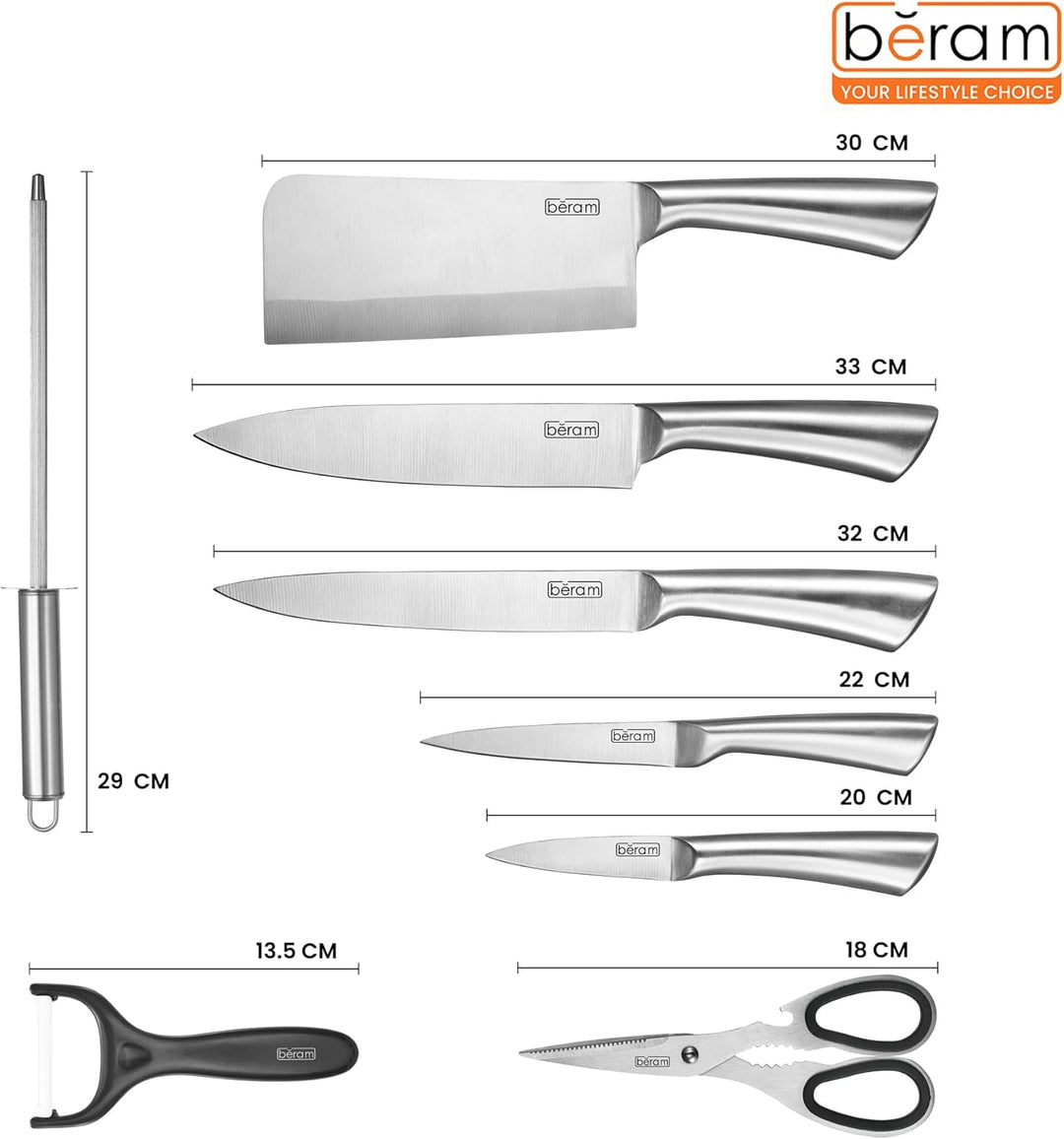 Beram 9 Pieces Kitchen Knife Sets Spinning Magnetic Block High Carbon Stainless Steel Blades Knife Non-stick Non-slip For Everyday Use and Includes Knife Sharpener and Scissors
