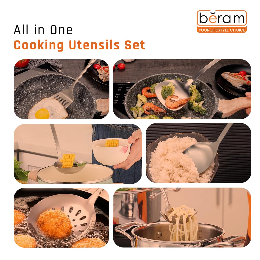 BERAM Cooking Utensils Set S-Shaped 304 Stainless Steel Silverware Cookware Set Includes Spatula Skimmer Soup Ladle Turner Pasta Server Rice Scoop with Multipurpose Stand