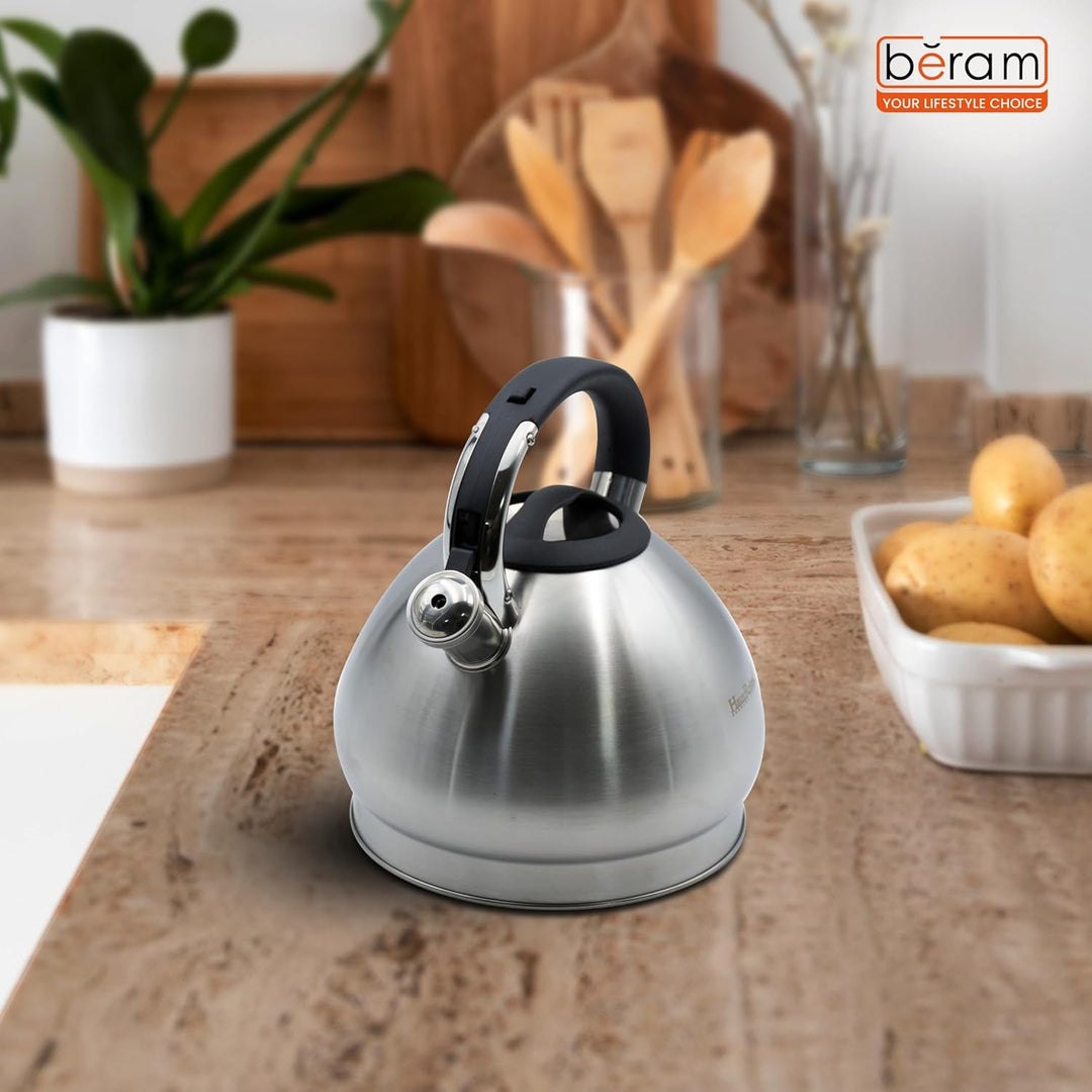 Haus Roland Whistling Kettle, 5L Stainless Steel, Teapot, Heat Resistant Handle, Ergonomic Pouring Spout, Compatible with Gas, Electric, Hot Plate, Halogen, Ceramic Tops, Kitchen Utensil