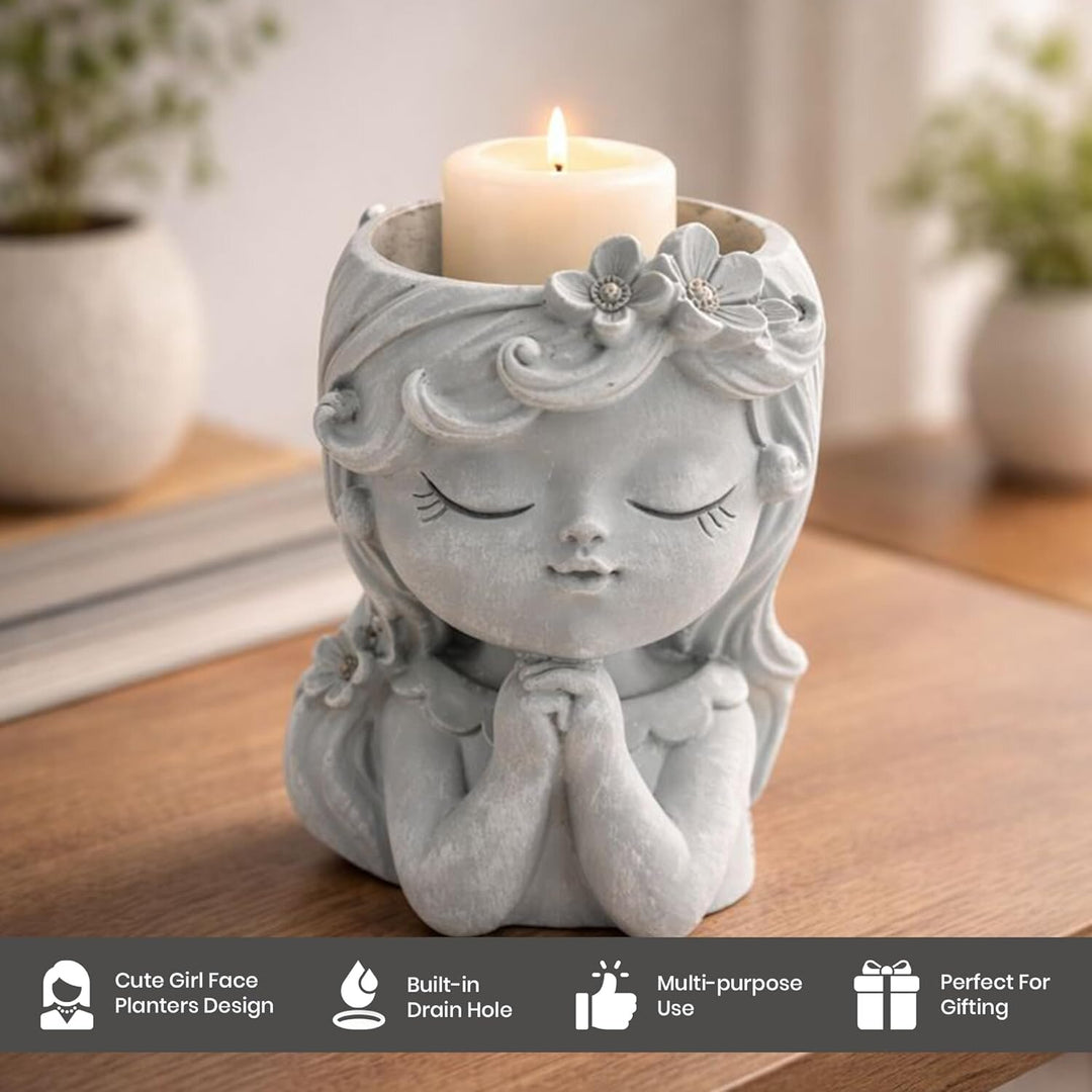 Bonsai Craft Vase 4-Set Pray Dream Flower Blessing Dolls Grey Polyresin Decorative Succulent Planters Elegant Home Office Desk Decor Flower Pots Pen Pencil Holders Propagator Kit Gift