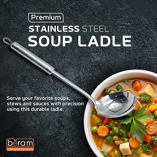BERAM Soup Ladle Stainless Steel Soup Spoon Kitchen Tool Cooking Utensil Serving Spoon Food Grade Non-Deformable Compact Lightweight with Four Leaf Design Handles