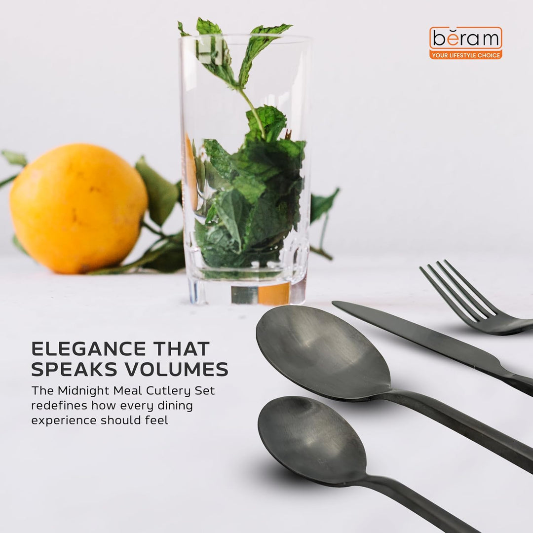 BERAM Midnight Meal Black Cutlery Set – Matte Finish Stainless Steel Flatware for Home, Restaurants & Hotels – Modern Kitchen Utensils